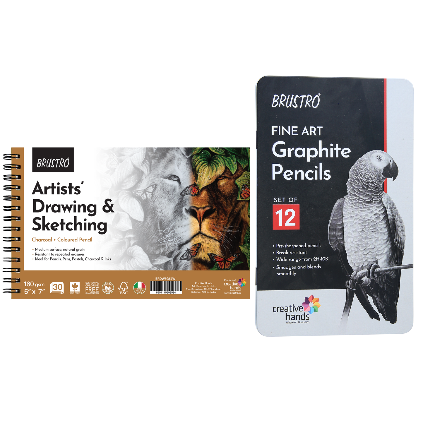 Brustro Sketching Wiro Pad,5x7 inches,160 GSM,30 Sheets with Graphite Pencil set of 12 (10B–2H)Tin Box. Sketch and Drawing Gift