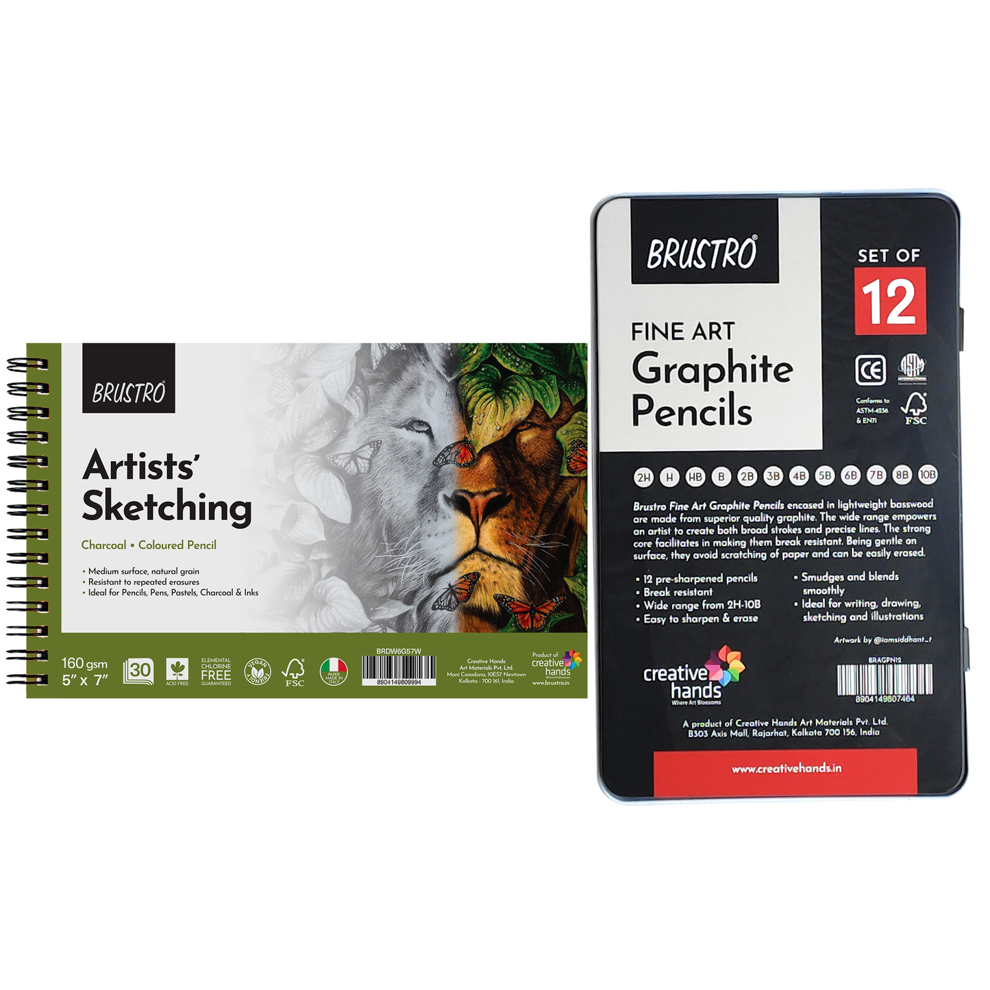 Brustro Sketching Wiro Pad,5x7 inches,160 GSM,30 Sheets with Graphite Pencil set of 12 (10B–2H)Tin Box. Sketch and Drawing Gift