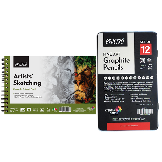 Brustro Sketching Wiro Pad,5x7 inches,160 GSM,30 Sheets with Graphite Pencil set of 12 (10B–2H)Tin Box. Sketch and Drawing Gift