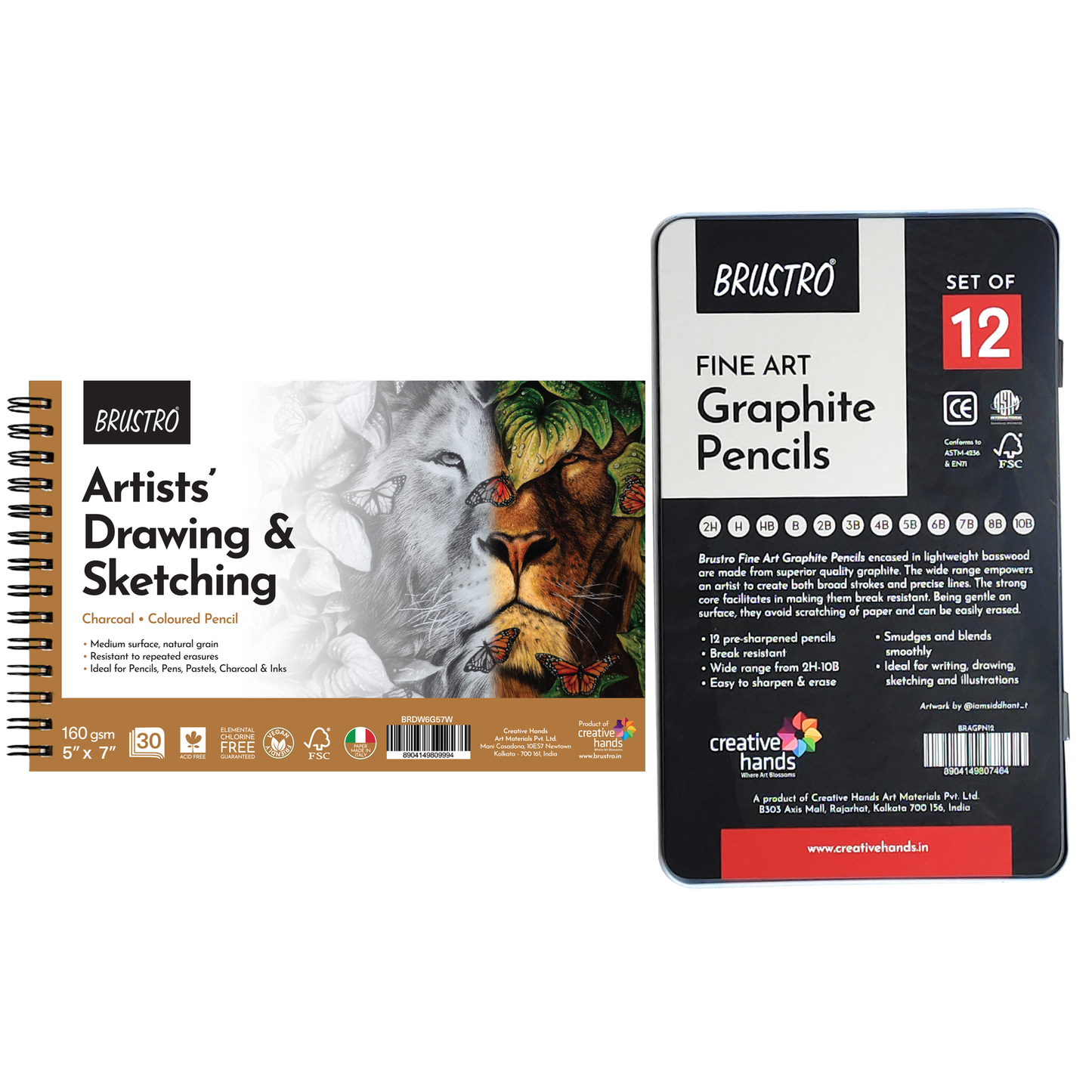 Brustro Sketching Wiro Pad,5x7 inches,160 GSM,30 Sheets with Graphite Pencil set of 12 (10B–2H)Tin Box. Sketch and Drawing Gift