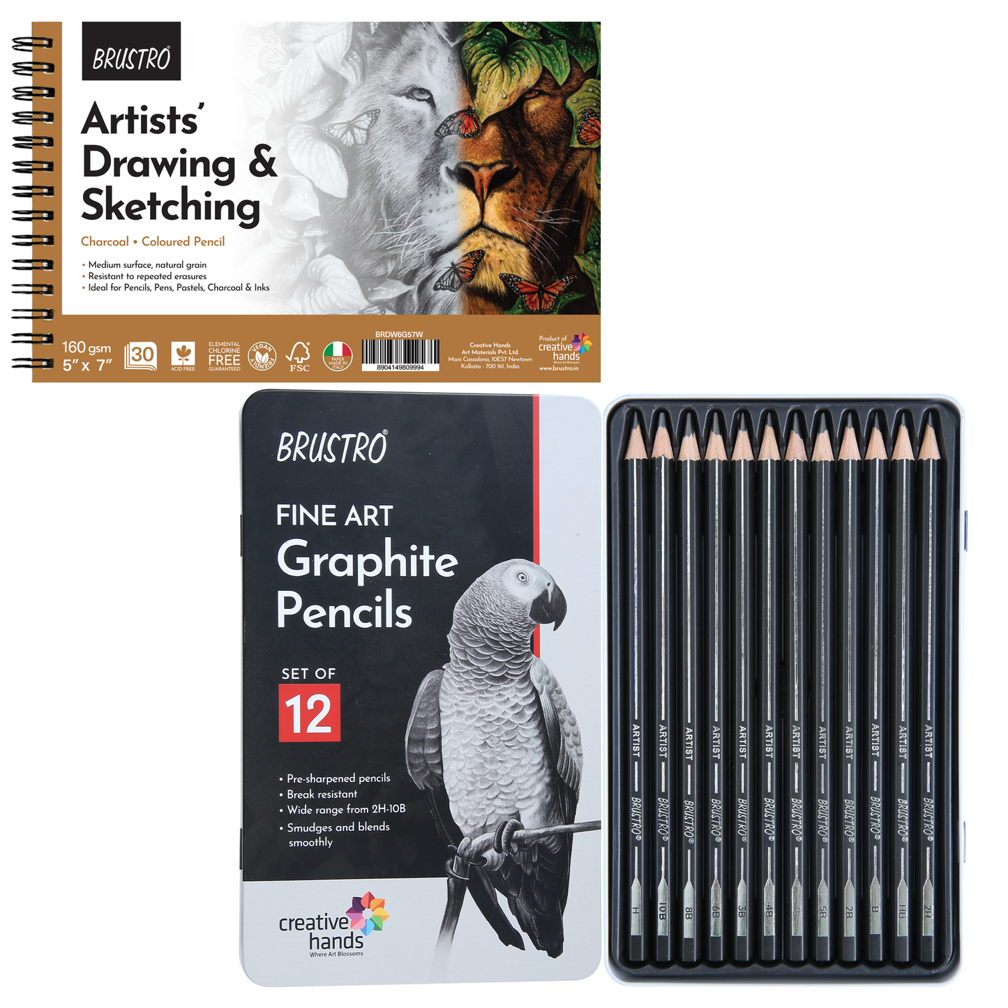 Brustro Sketching Wiro Pad,5x7 inches,160 GSM,30 Sheets with Graphite Pencil set of 12 (10B–2H)Tin Box. Sketch and Drawing Gift