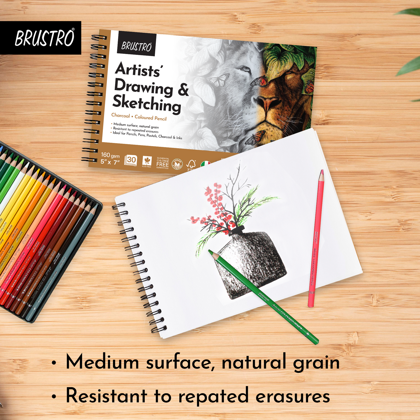 Brustro Artists Sketching Wiro-Bound Paper Pad, 5x7 inches, 160 GSM, 30 Sheets