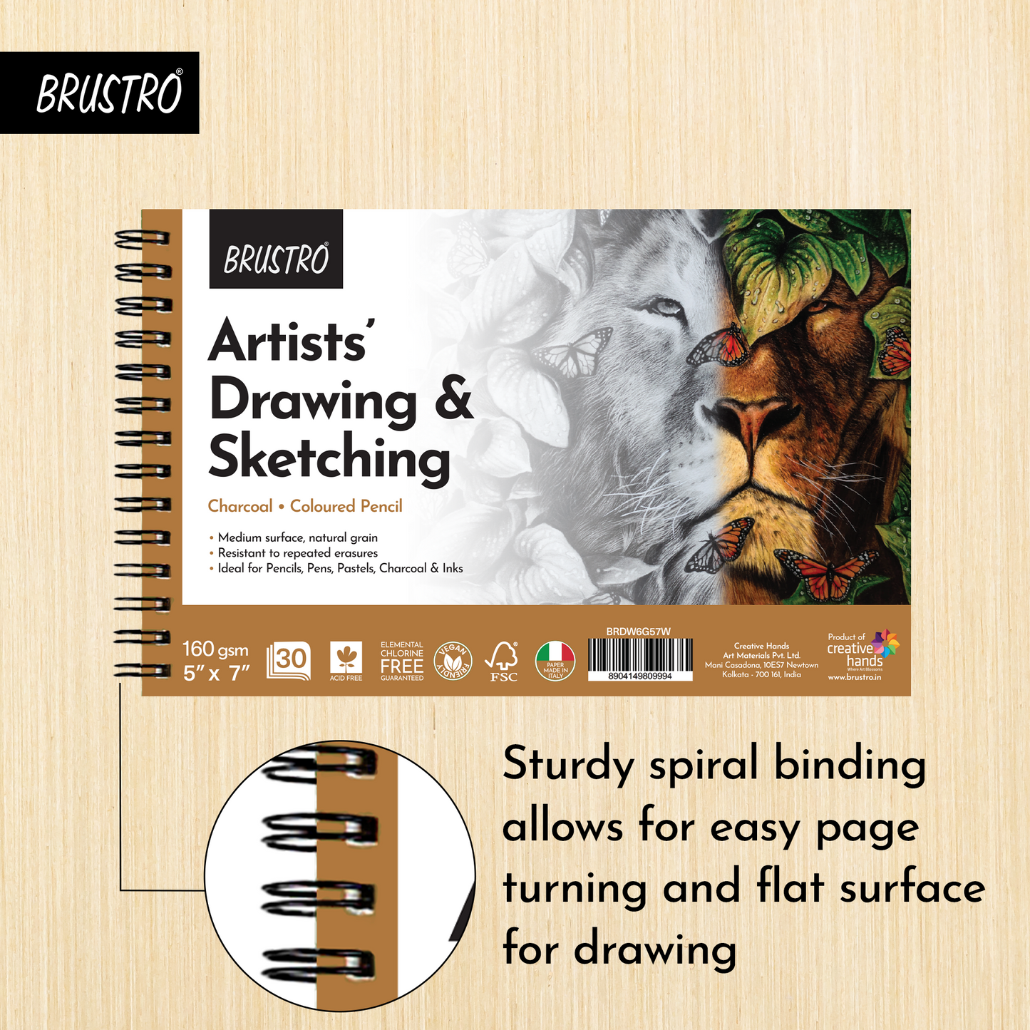 Brustro Sketching Wiro Pad,5x7 inches,160 GSM,30 Sheets with Graphite Pencil set of 12 (10B–2H)Tin Box. Sketch and Drawing Gift