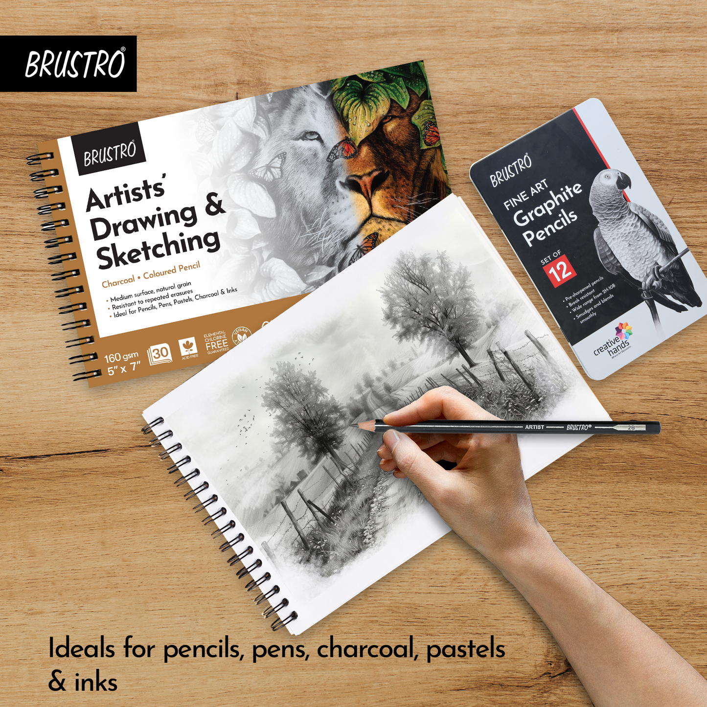 Brustro Sketching Wiro Pad,5x7 inches,160 GSM,30 Sheets with Graphite Pencil set of 12 (10B–2H)Tin Box. Sketch and Drawing Gift
