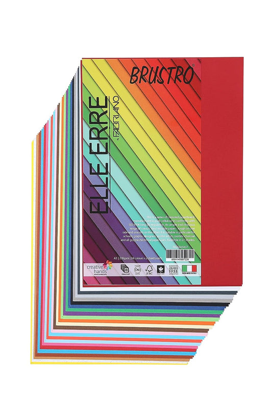 BRUSTRO Elle Erre Coloured Card Stock Craft Paper A5 Size, 220 GSM Assorted Colour, Pack of 24 Shades X 2 Sheets (Total 48 Sheets).