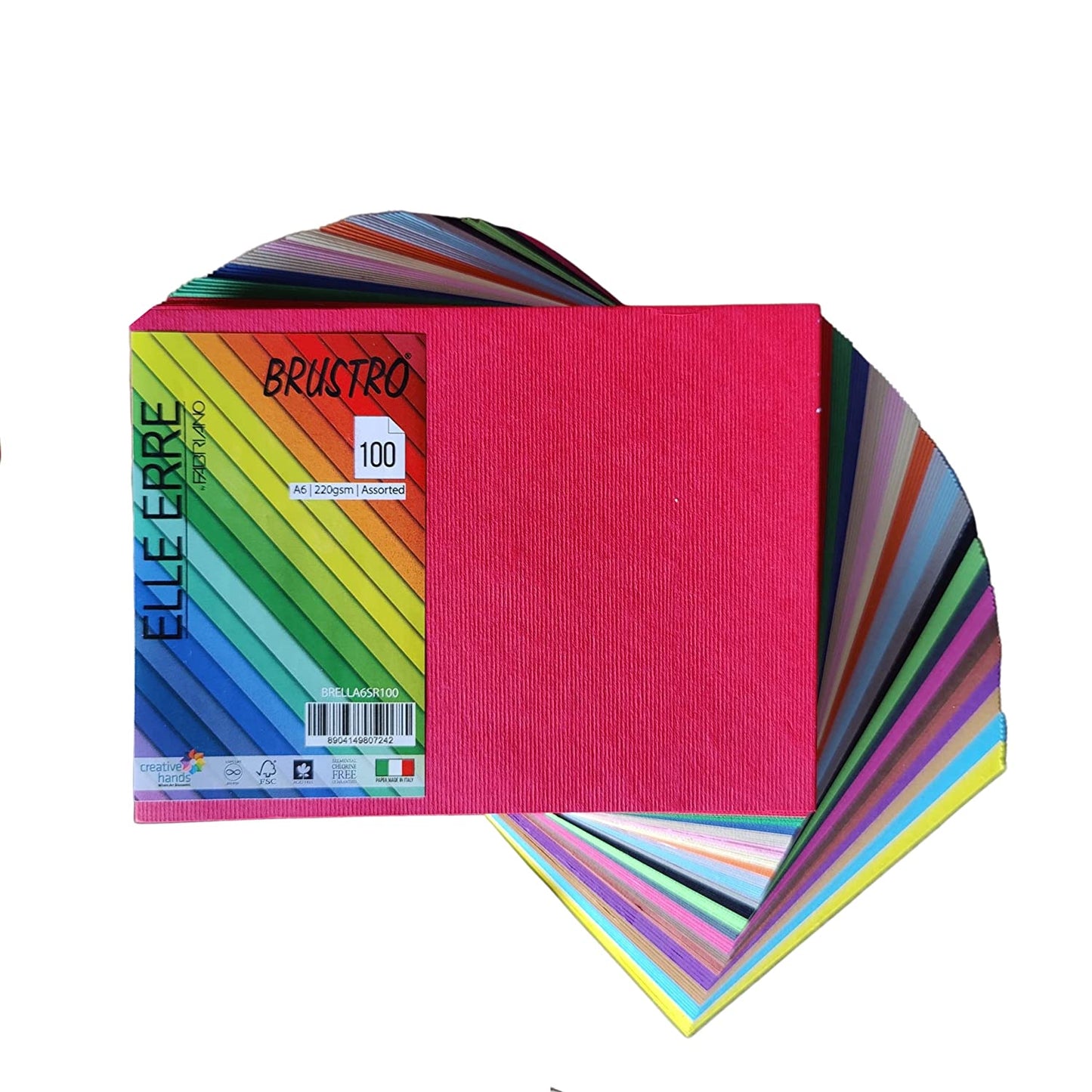 BRUSTRO Elle Erre Cardstock A6 Size, 220 GSM Assorted Colour, Pack of 20 Shades (Both Bright & Soft Mixed) X 5 Sheets (Total 100 Sheets) with Textured Surface on one Side and Smooth on Other.
