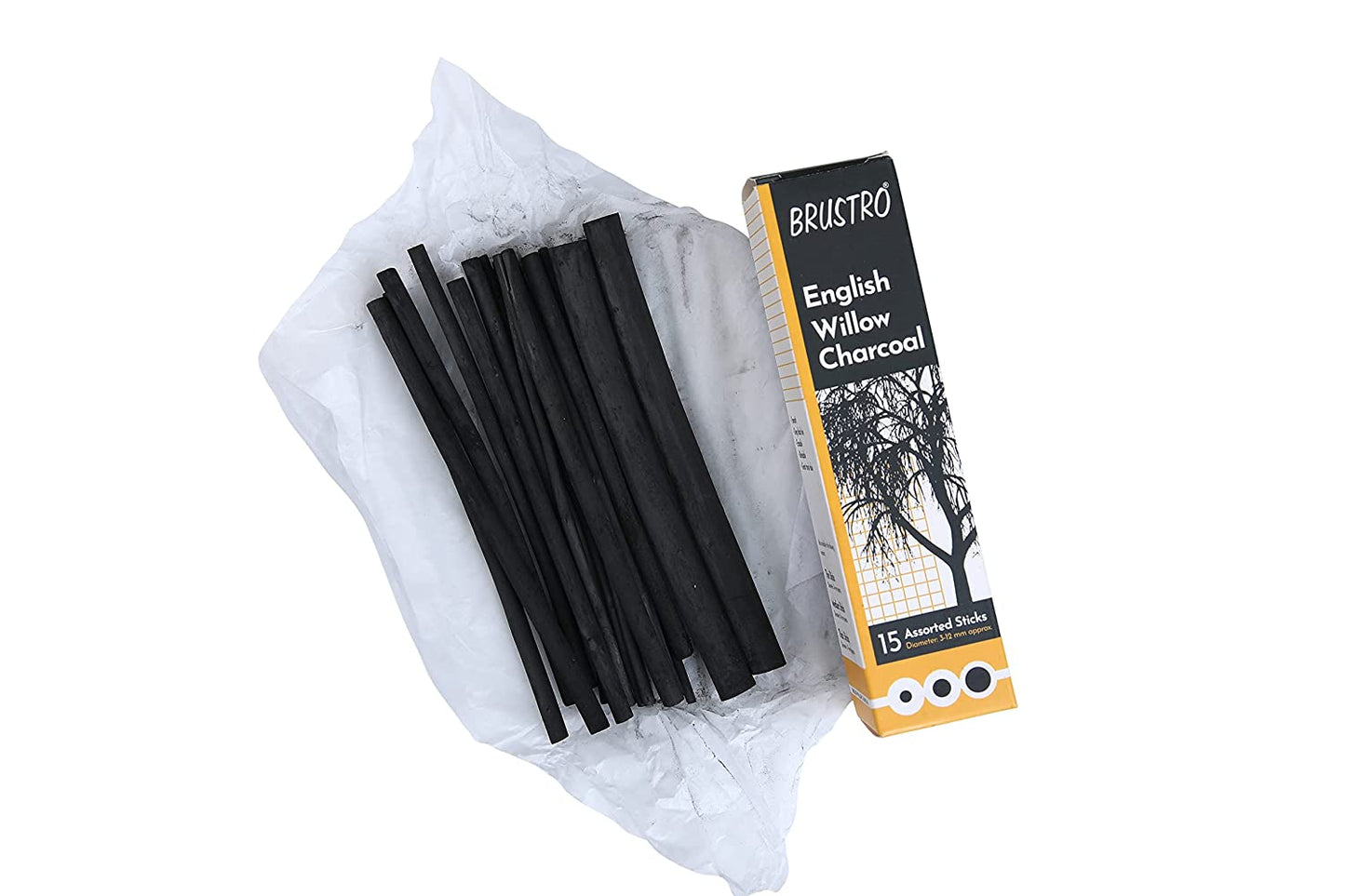 BRUSTRO English Willow Charcoal Assorted 15 Sticks|3-12mm Approx Diameter, Smooth, Blendable| Ideal For Portraits, Figure Drawing and Artwork, Sketching, Shading, Illustration, Fine Art Students