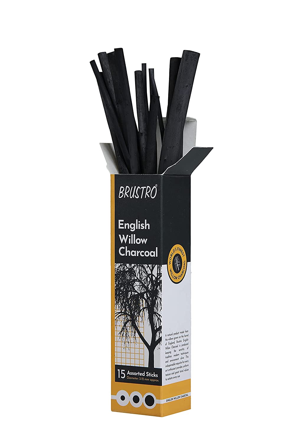 BRUSTRO English Willow Charcoal Assorted 15 Sticks|3-12mm Approx Diameter, Smooth, Blendable| Ideal For Portraits, Figure Drawing and Artwork, Sketching, Shading, Illustration, Fine Art Students