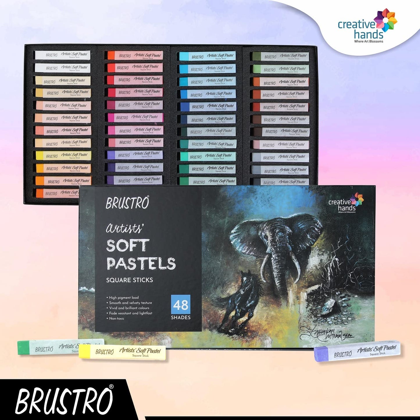 Brustro Artists Soft Pastels Set of 48 with Fabriano Black Drawing Book A4