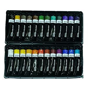 BRUSTRO Artists' Watercolour Set of 24 Colours X 12ML Tubes and 1 Aqua Squeeze Brush with Fabriano Studio Watercolor Block 18X24cm