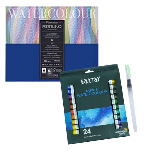 BRUSTRO Artists' Watercolour Set of 24 Colours X 12ML Tubes and 1 Aqua Squeeze Brush with Fabriano Studio Watercolor Block 18X24cm