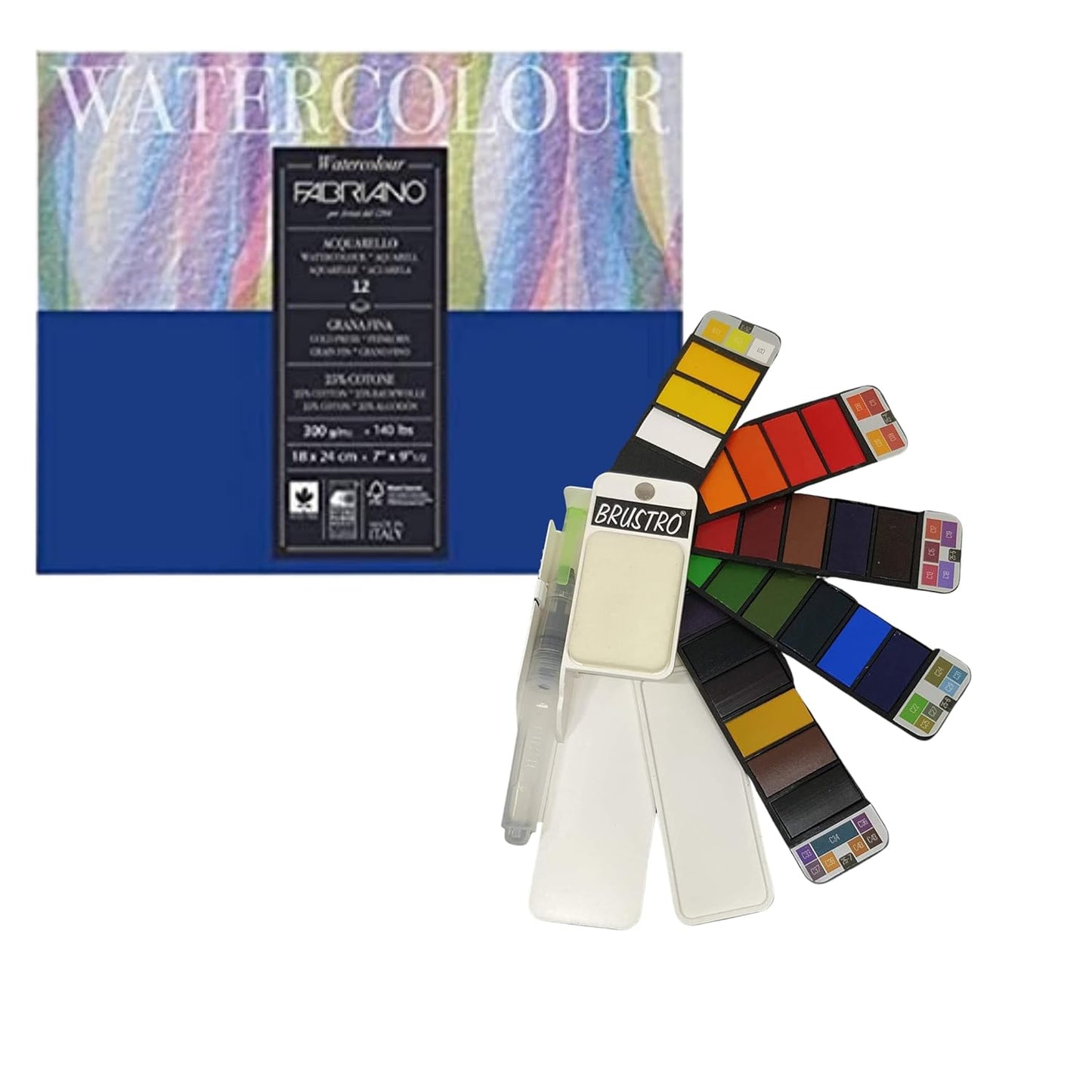 Brustro Artists Watercolour Pan Set of 25 with Fabriano Studio Watercolor Block 18X24cm