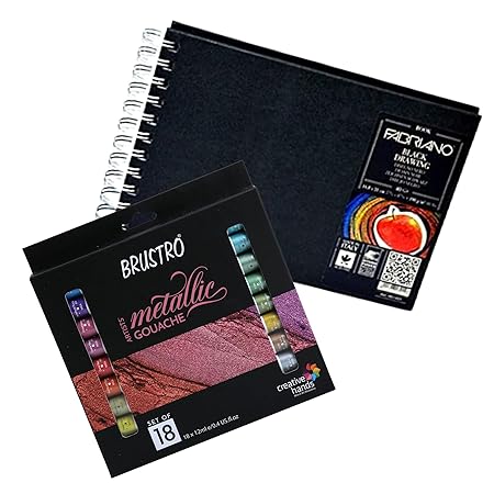 Brustro Artists Metallic Gouache Set of 18 x 12ml with Fabriano Black Drawing Book A5