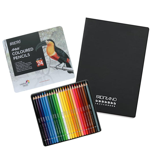 Brustro Artists' Coloured Pencil Set of 24 (in Elegant tin Box) with Fabriano Accademia Sketching Pad A5