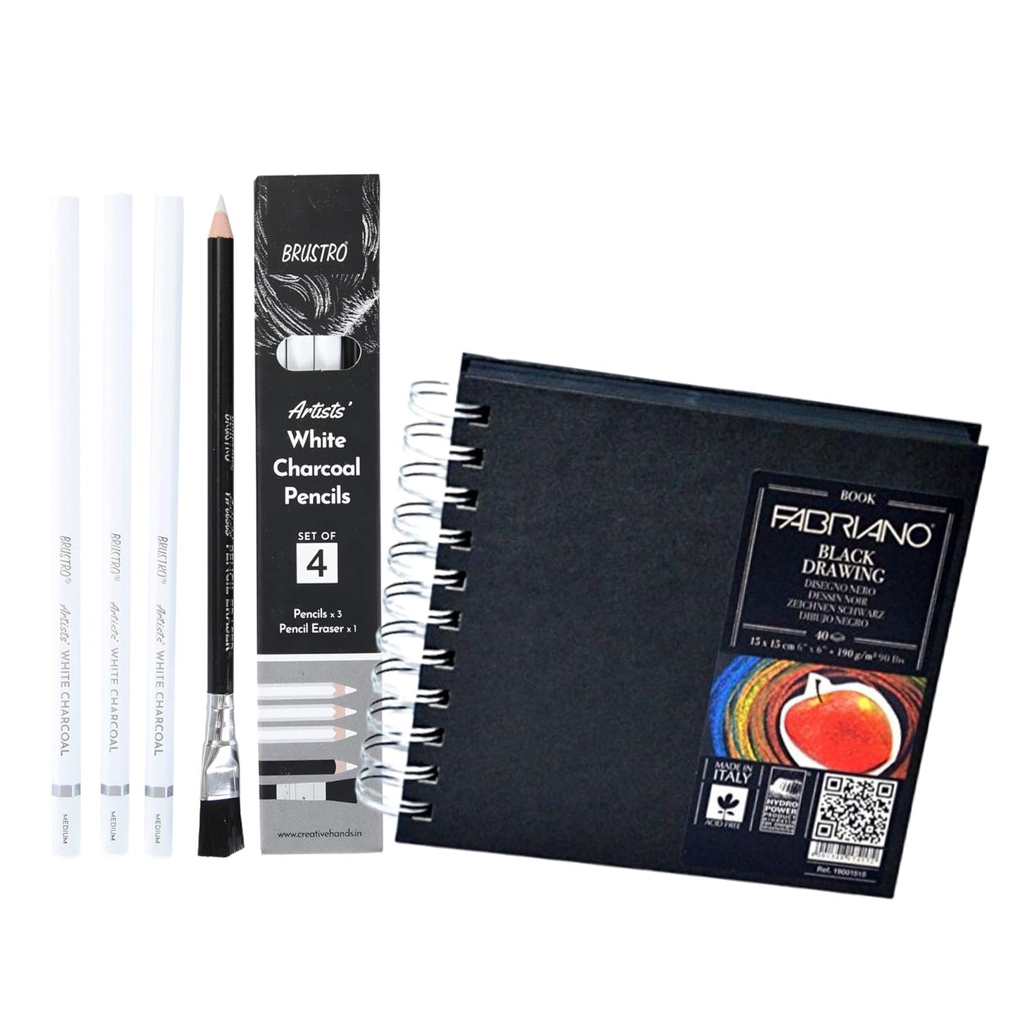 Brustro Artists' White Charcoal Pencil Set of 3 + 1 Pencil Eraser with Fabriano Black Drawing Book 15X15cm