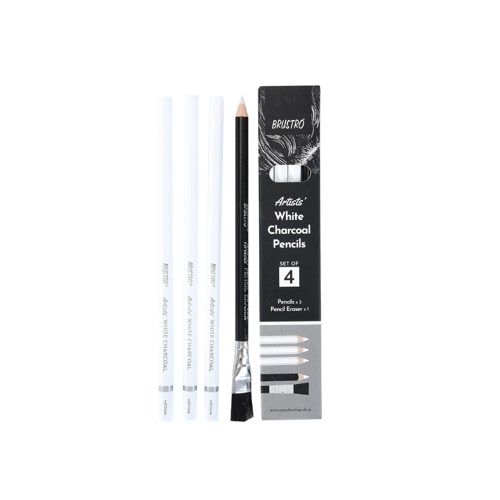 Brustro Artists' White Charcoal Pencil Set of 3 + 1 Pencil Eraser with Fabriano Black Drawing Book 15X15cm