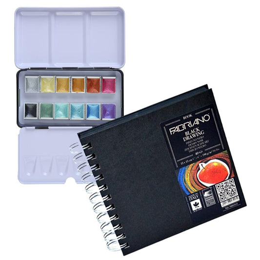 Brustro Metallic Watercolour Half Pans Set of 12 with Fabriano Black Drawing Book 15X15cm