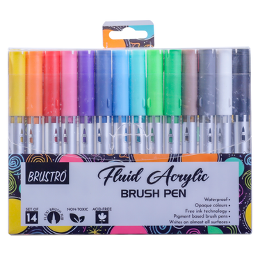 BRUSTRO Fluid Acrylic Brush Pen Set of 14 Waterproof, Fast