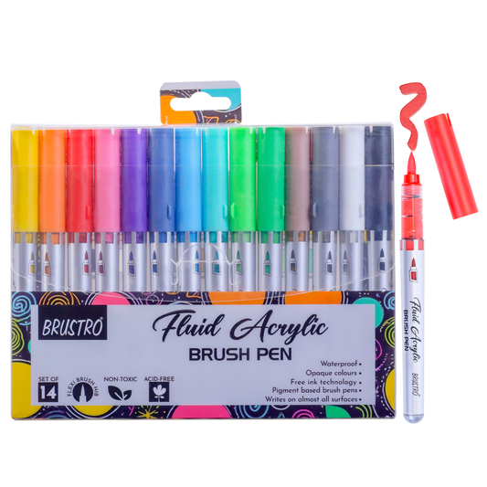 BRUSTRO Fluid Acrylic Brush Pen | Set of 14 Basic Shades