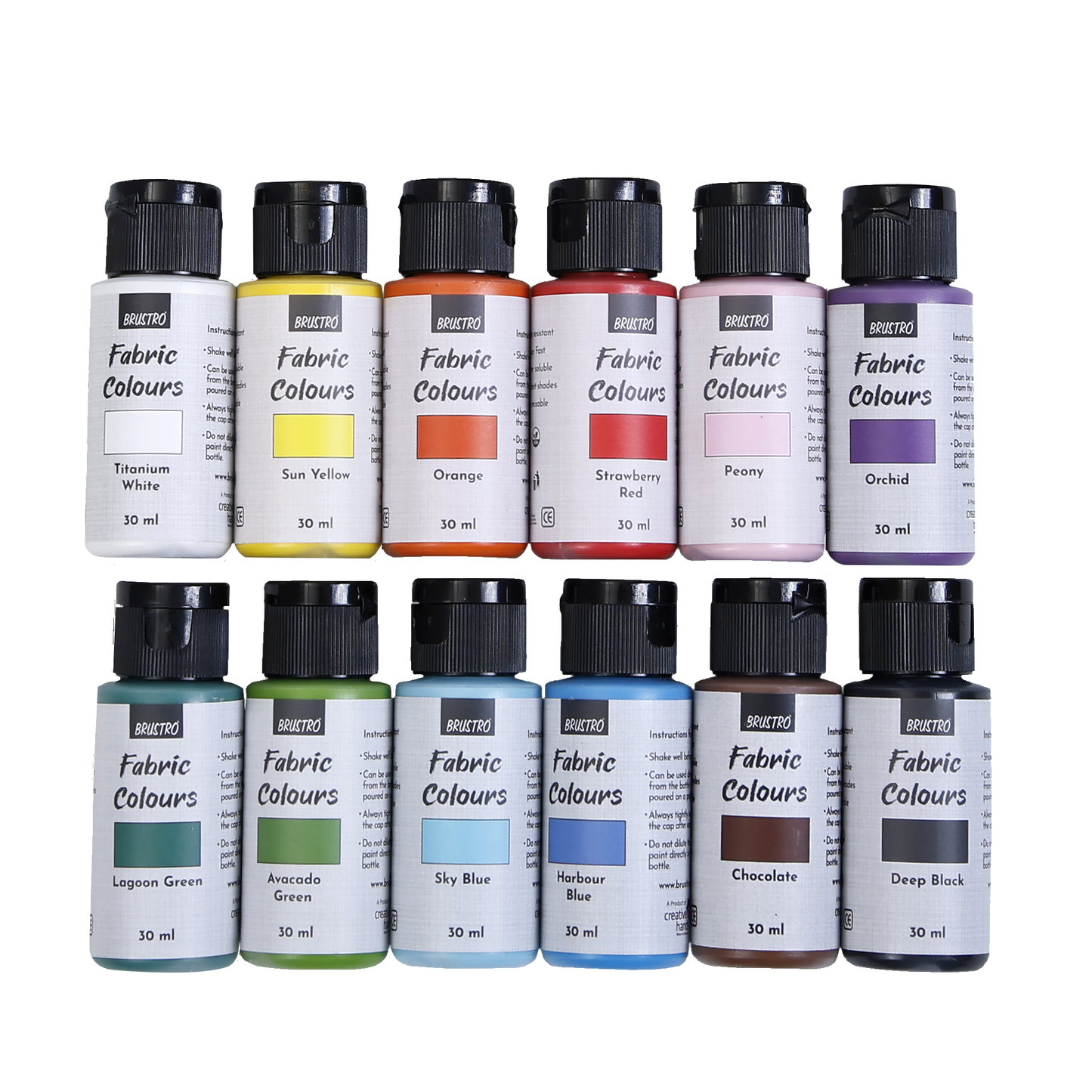 BRUSTRO Artists Fabric Colours - Set of 12, 30ml Paint Bottles | High Pigmented Color, Fade Resistent, Water Soluble, Intermixable, Permanent, Ideal for Canvas, Hand-painting,Textile Paint,DIY fashion