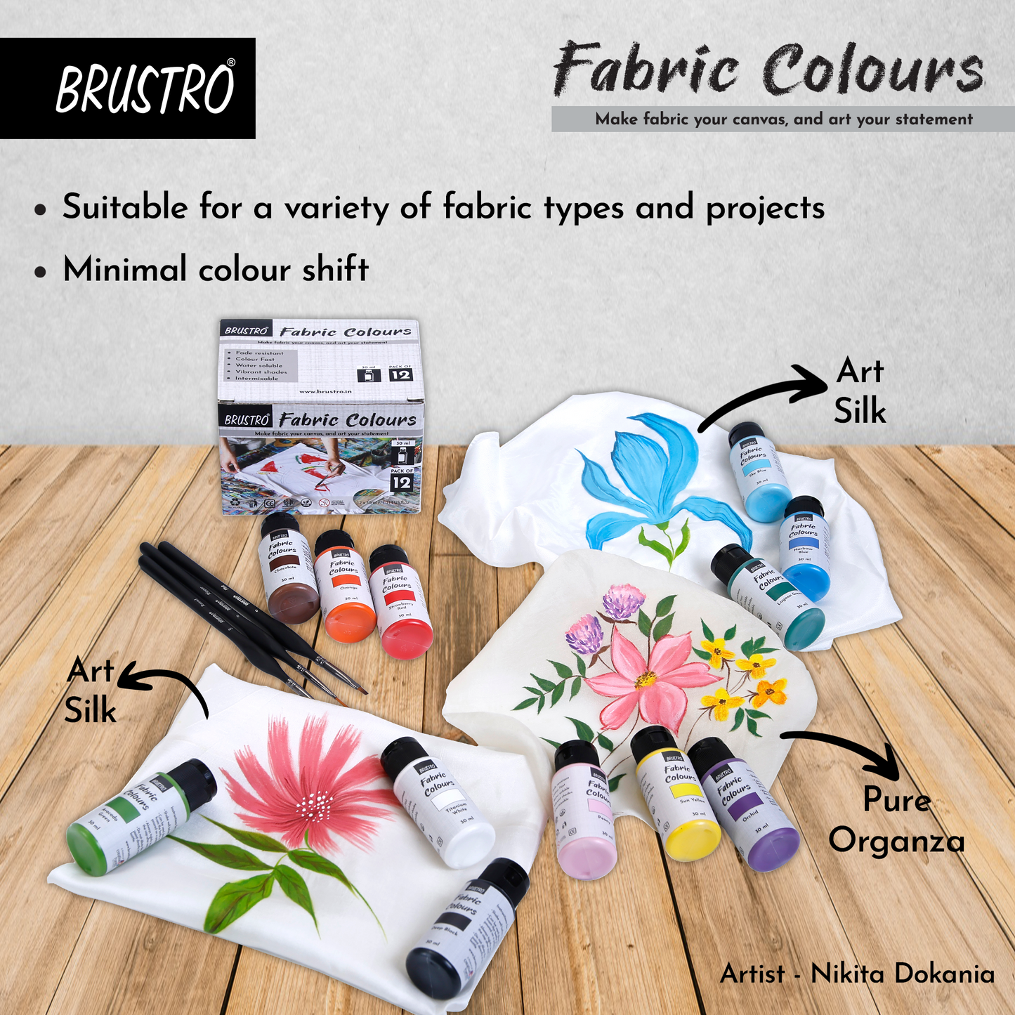 BRUSTRO Artists Fabric Colours - Set of 12, 30ml Paint Bottles | High Pigmented Color, Fade Resistent, Water Soluble, Intermixable, Permanent, Ideal for Canvas, Hand-painting,Textile Paint,DIY fashion