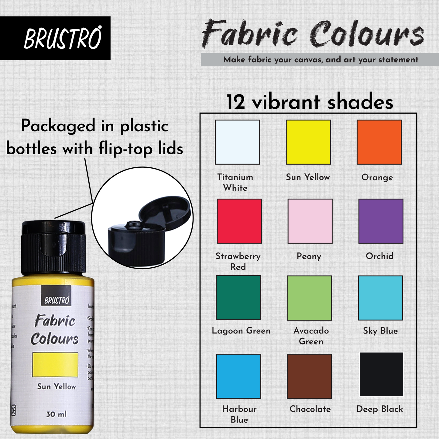 BRUSTRO Artists Fabric Colours - Set of 12, 30ml Paint Bottles | High Pigmented Color, Fade Resistent, Water Soluble, Intermixable, Permanent, Ideal for Canvas, Hand-painting,Textile Paint,DIY fashion