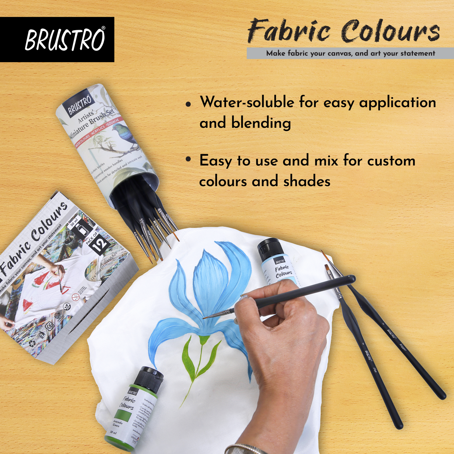 BRUSTRO Artists Fabric Colours - Set of 12, 30ml Paint Bottles | High Pigmented Color, Fade Resistent, Water Soluble, Intermixable, Permanent, Ideal for Canvas, Hand-painting,Textile Paint,DIY fashion