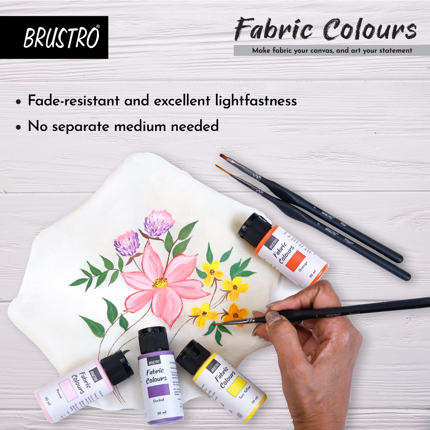 BRUSTRO Artists Fabric Colours - Set of 12, 30ml Paint Bottles | High Pigmented Color, Fade Resistent, Water Soluble, Intermixable, Permanent, Ideal for Canvas, Hand-painting,Textile Paint,DIY fashion