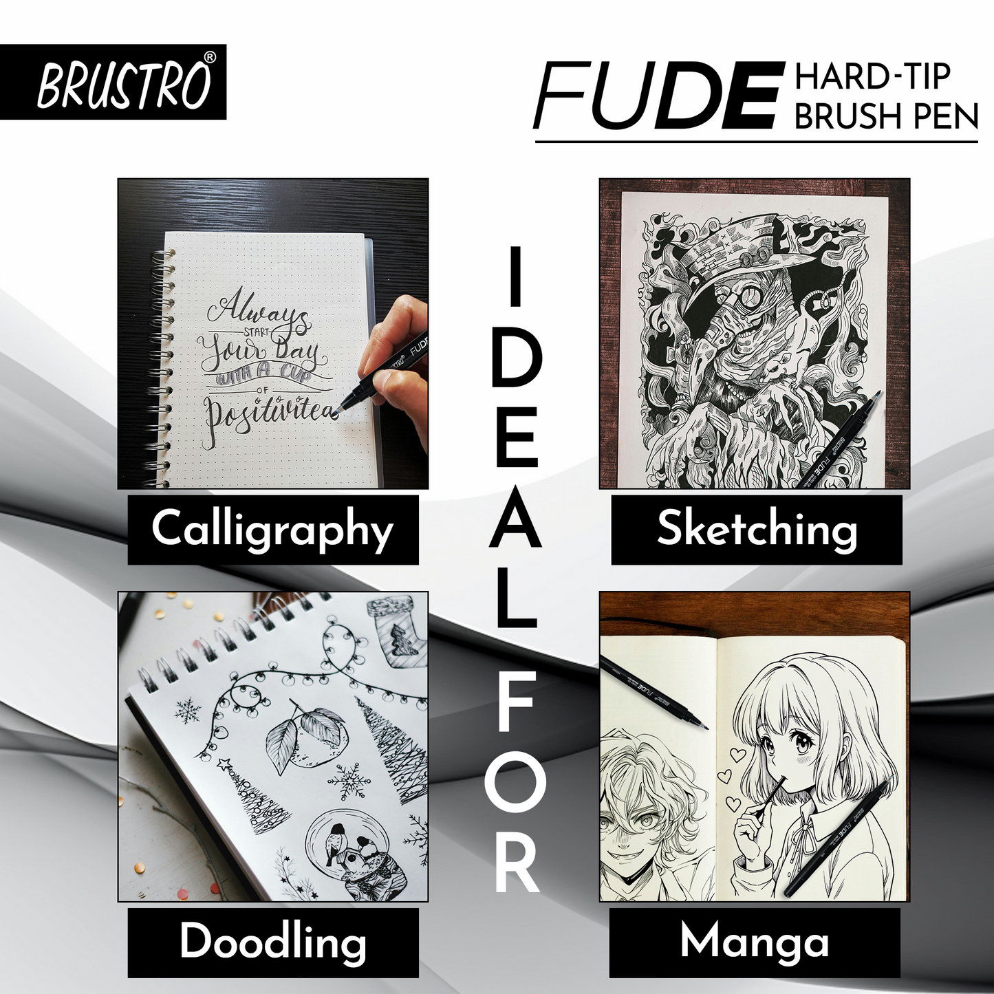 Brustro Fude Hard-tip Black Ink Brush Pen Set of 4. (Extra-fine/Fine/Medium/Bold)