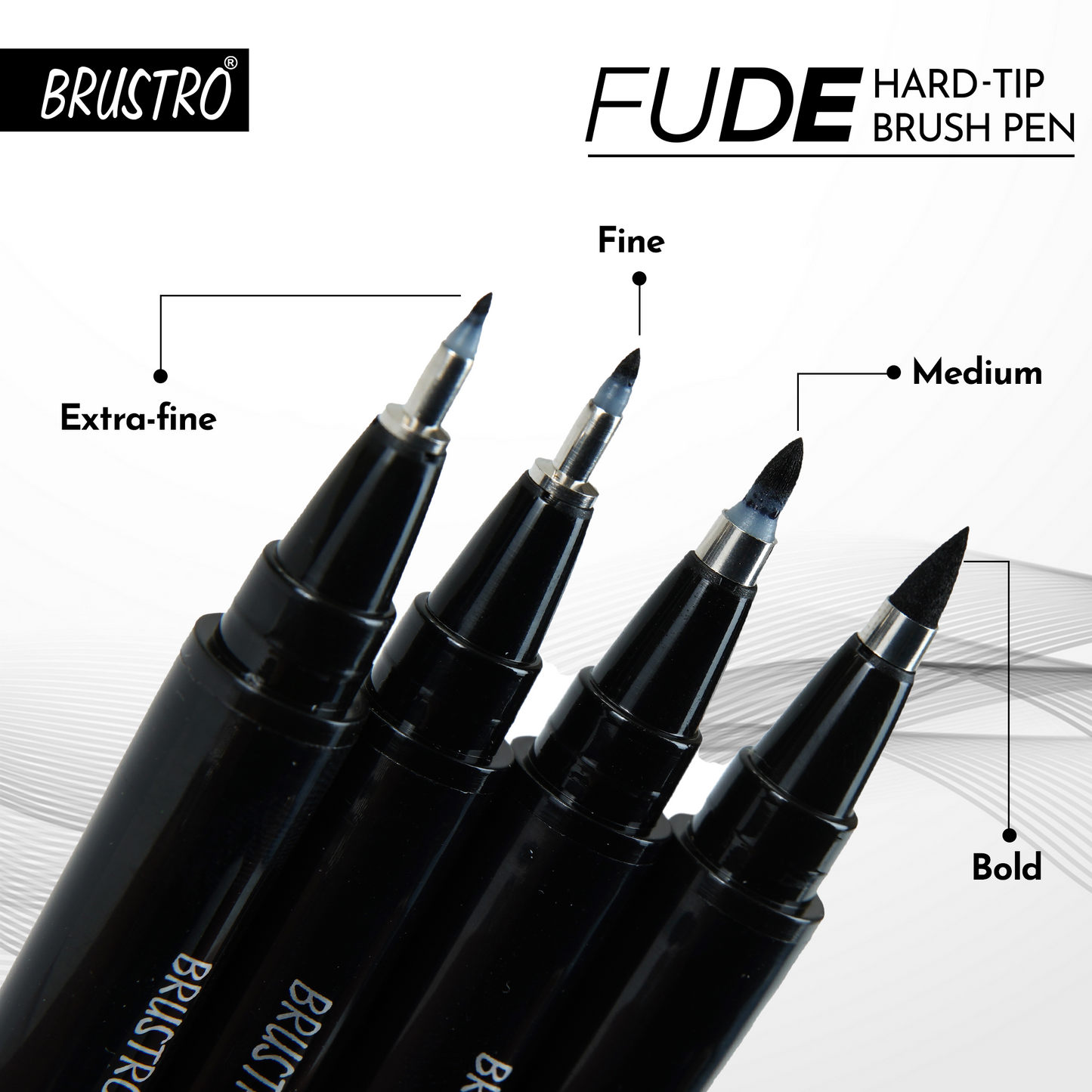Brustro Fude Hard-tip Black Ink Brush Pen Set of 4. (Extra-fine/Fine/Medium/Bold)