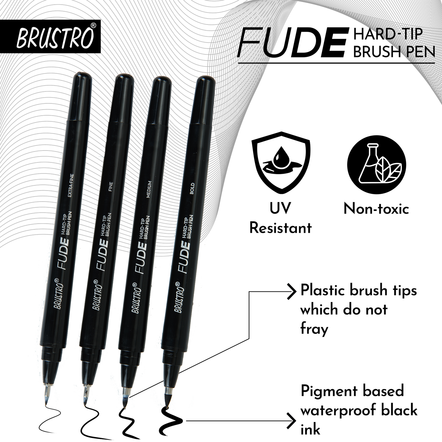Brustro Fude Hard-tip Black Ink Brush Pen Set of 4. (Extra-fine/Fine/Medium/Bold)