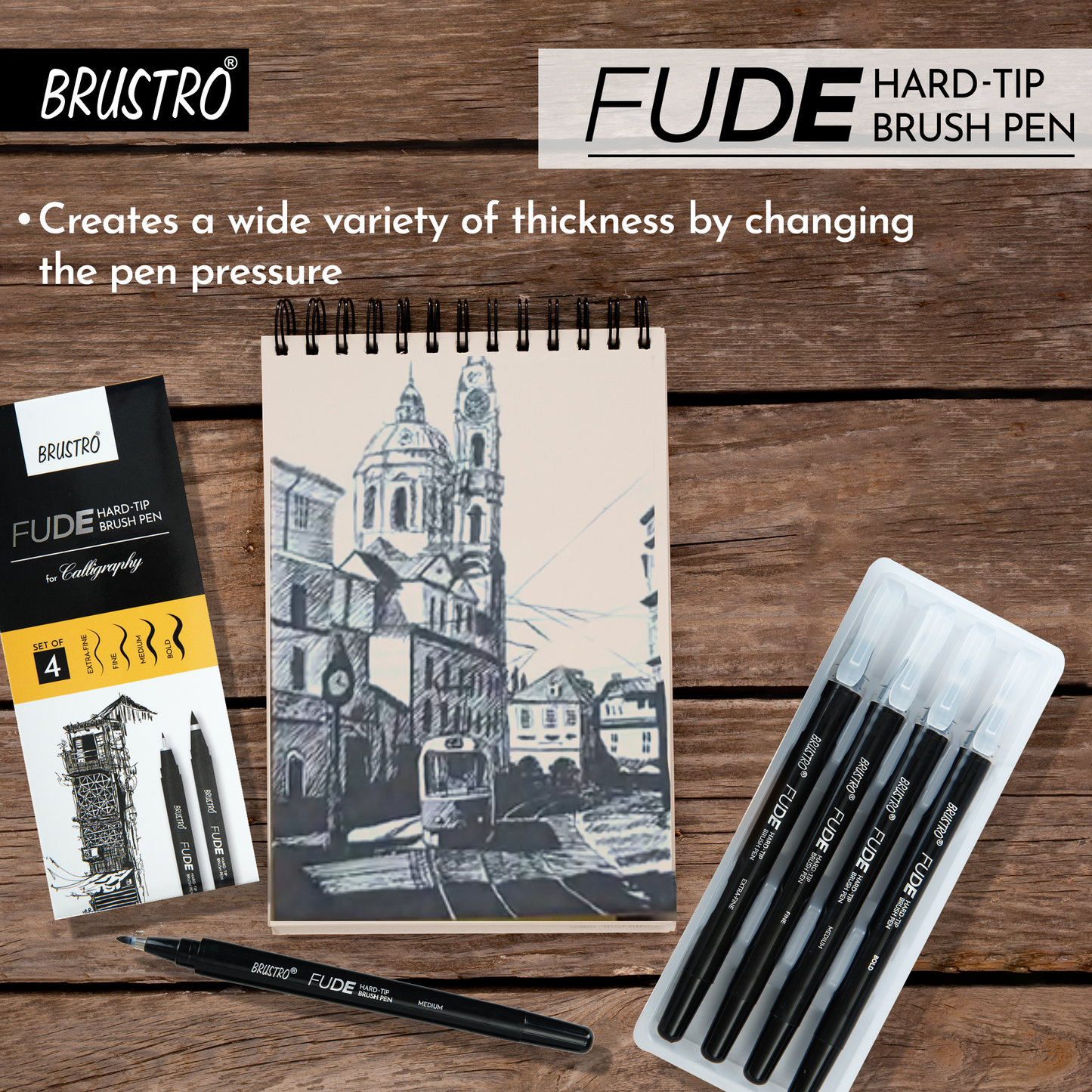 Brustro Fude Hard-tip Black Ink Brush Pen Set of 4. (Extra-fine/Fine/Medium/Bold)