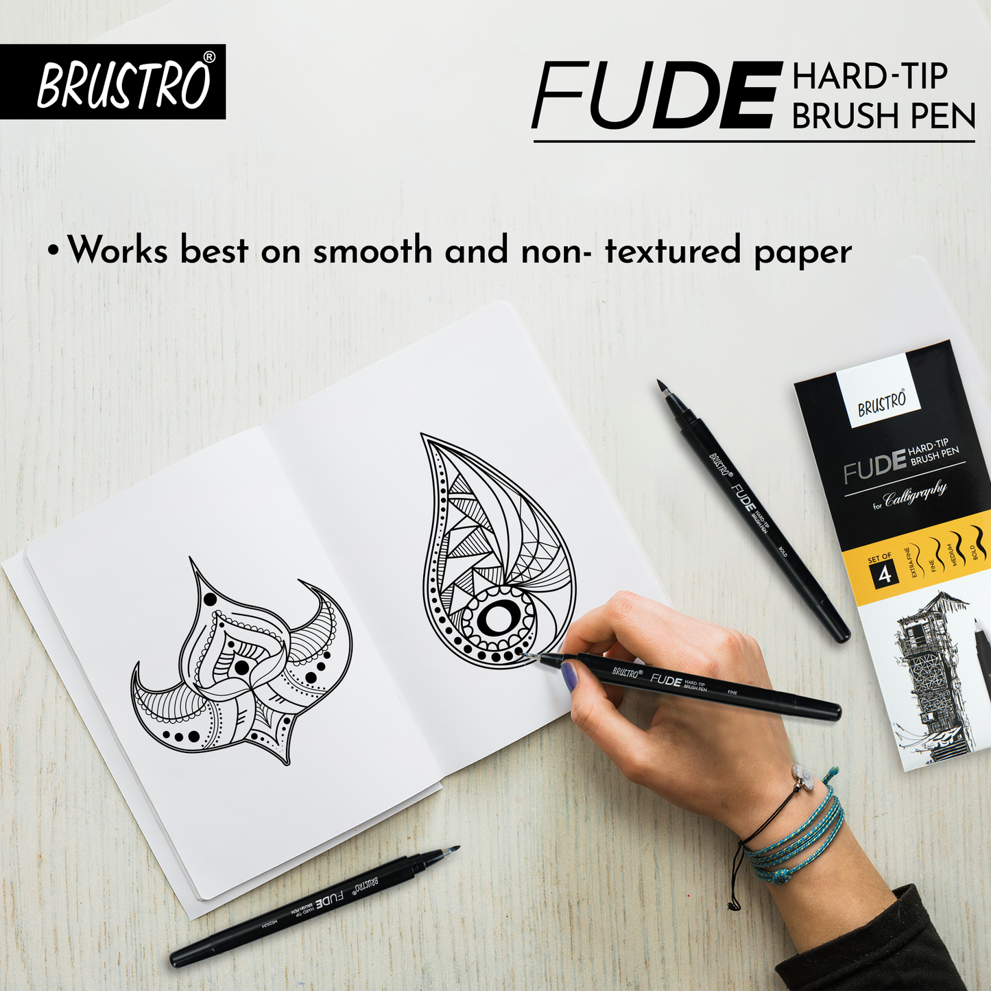 Brustro Fude Hard-tip Black Ink Brush Pen Set of 4. (Extra-fine/Fine/Medium/Bold)