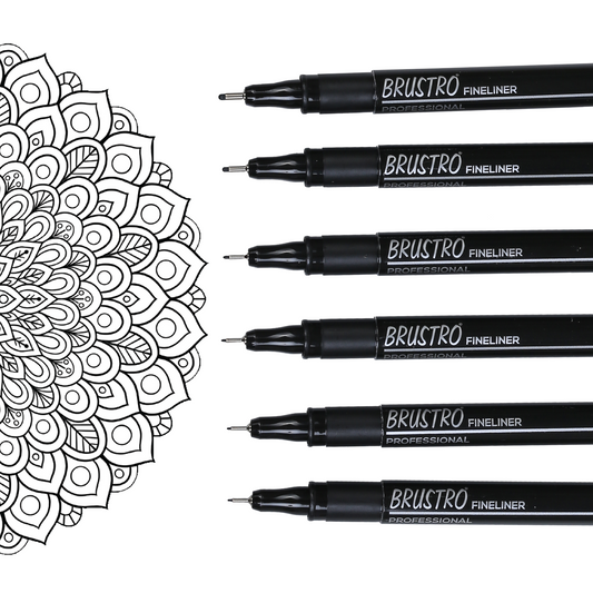 BRUSTRO Professional Pigment Based Fineliner Pen | Black | Set of 6 - Tip Size 0.05mm, 0.1mm, 0.2mm, 0.3mm, 0.5mm, 0.8mm |Ideal For Technical Drawing,Waterproof,Artist Illustration,Sketching,Mandala