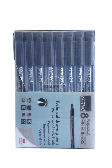 Brustro Professional Pigment Fineliner Pens - 8 Black Ink Set For Artists & Sketching