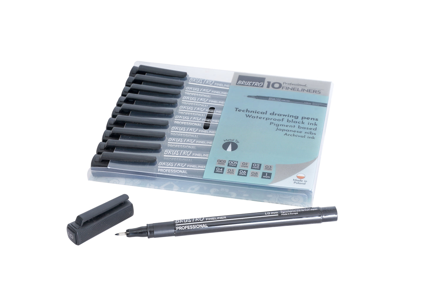 Brustro Professional Pigment Based Fineliner Pen | Black | Pack of 10 |Tip Size - 0.03/0.05/0.1/0.2/0.3/0,4/0.5/0.6/0.8/1 mm |Archival Waterproof UV Resistant Ink|Ideal For Technical Drawing,Waterproof,Artist Illustration,Sketching,Mandala