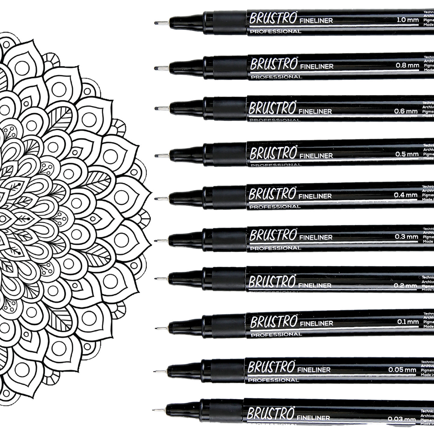 Brustro Professional Pigment Based Fineliner Pen | Black | Pack of 10 |Tip Size - 0.03/0.05/0.1/0.2/0.3/0,4/0.5/0.6/0.8/1 mm |Archival Waterproof UV Resistant Ink|Ideal For Technical Drawing,Waterproof,Artist Illustration,Sketching,Mandala