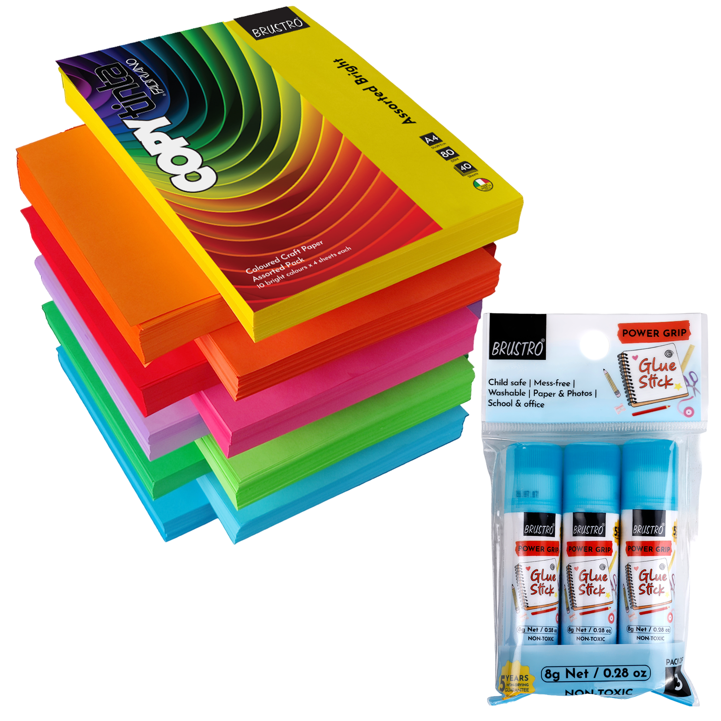 BRUSTRO Power Grip Glue Stick 8g, Pack of 3 With Copytinta Mixed Bright Colour Craft Paper, 80 GSM, A4 Size, Pack of 40 Sheets|Ideal for DIY Art & Crafts, Scrapbooking, Origami & Card Making
