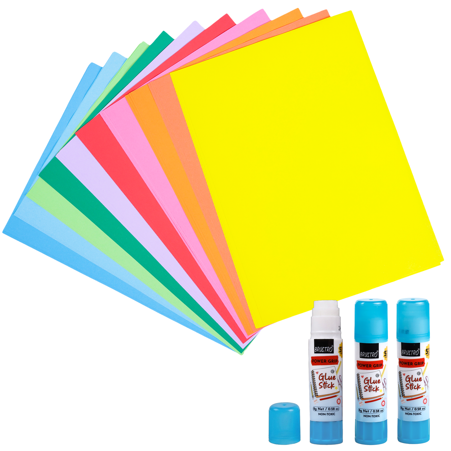 BRUSTRO Power Grip Glue Stick 8g, Pack of 3 With Copytinta Mixed Bright Colour Craft Paper, 80 GSM, A4 Size, Pack of 40 Sheets|Ideal for DIY Art & Crafts, Scrapbooking, Origami & Card Making