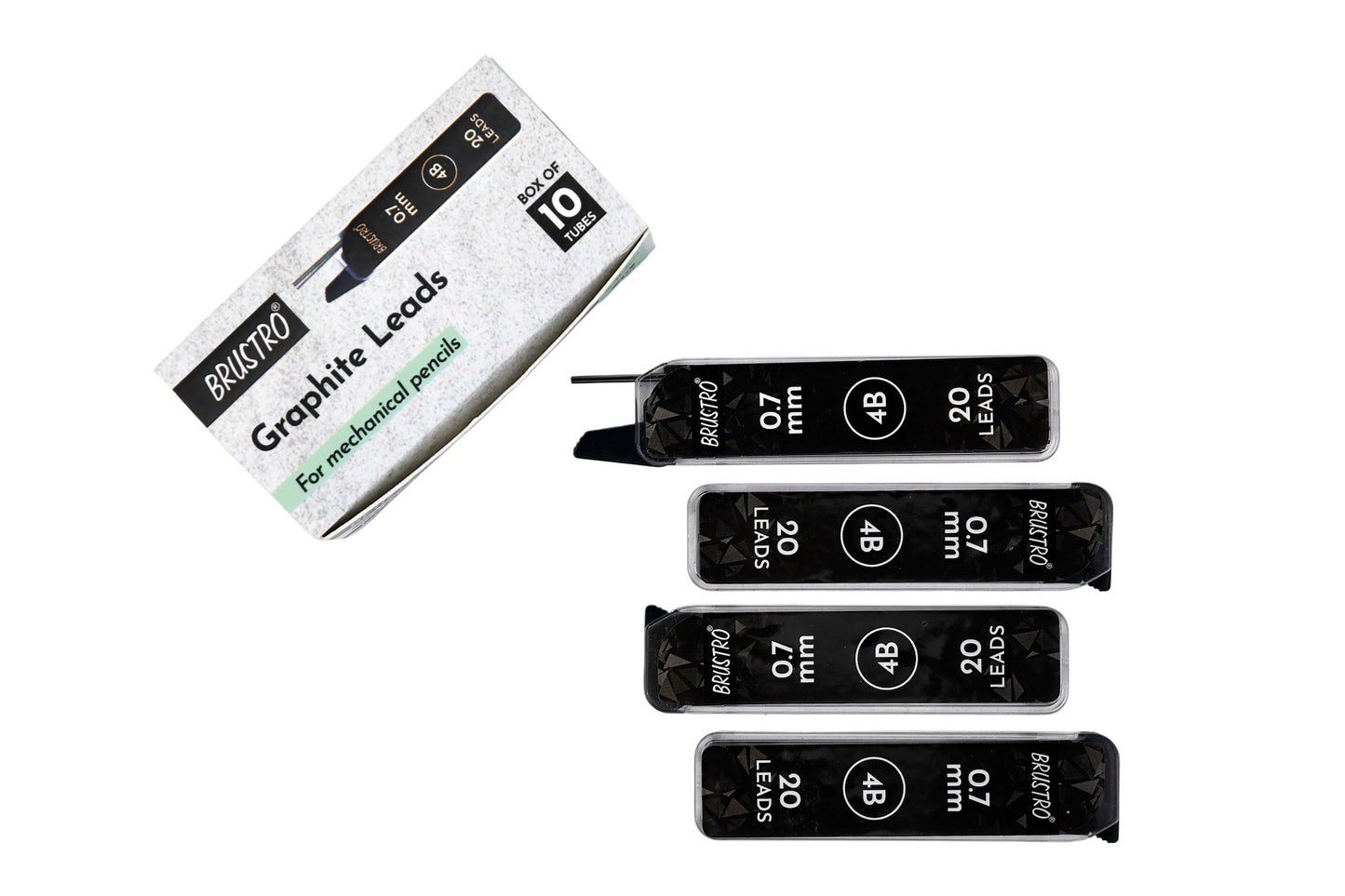 BRUSTRO 0.7mm Graphite Leads for Mechanical Pencil | Grade 4B, Box of 10 Tubes, Total 200 Leads | Smooth Writing, Extra Dark, Break Resistant, Ideal for Writing, Sketching, Drawing, Mandala Arts