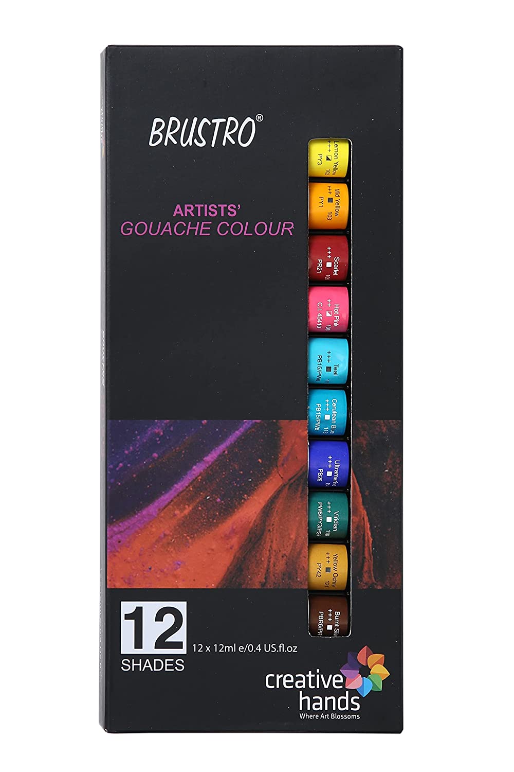 BRUSTRO Artists Gouache Colour | Set of 12 Colours X 12ml Tubes | Highly pigmented, Opaque Colors, Intermixable, Canvas Paint, Perfect For Students, Adults, Beginners, Professionals and Artists