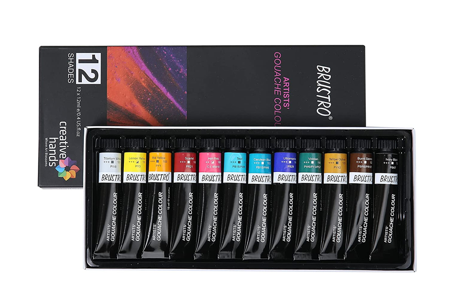 BRUSTRO Artists Gouache Colour | Set of 12 Colours X 12ml Tubes | Highly pigmented, Opaque Colors, Intermixable, Canvas Paint, Perfect For Students, Adults, Beginners, Professionals and Artists