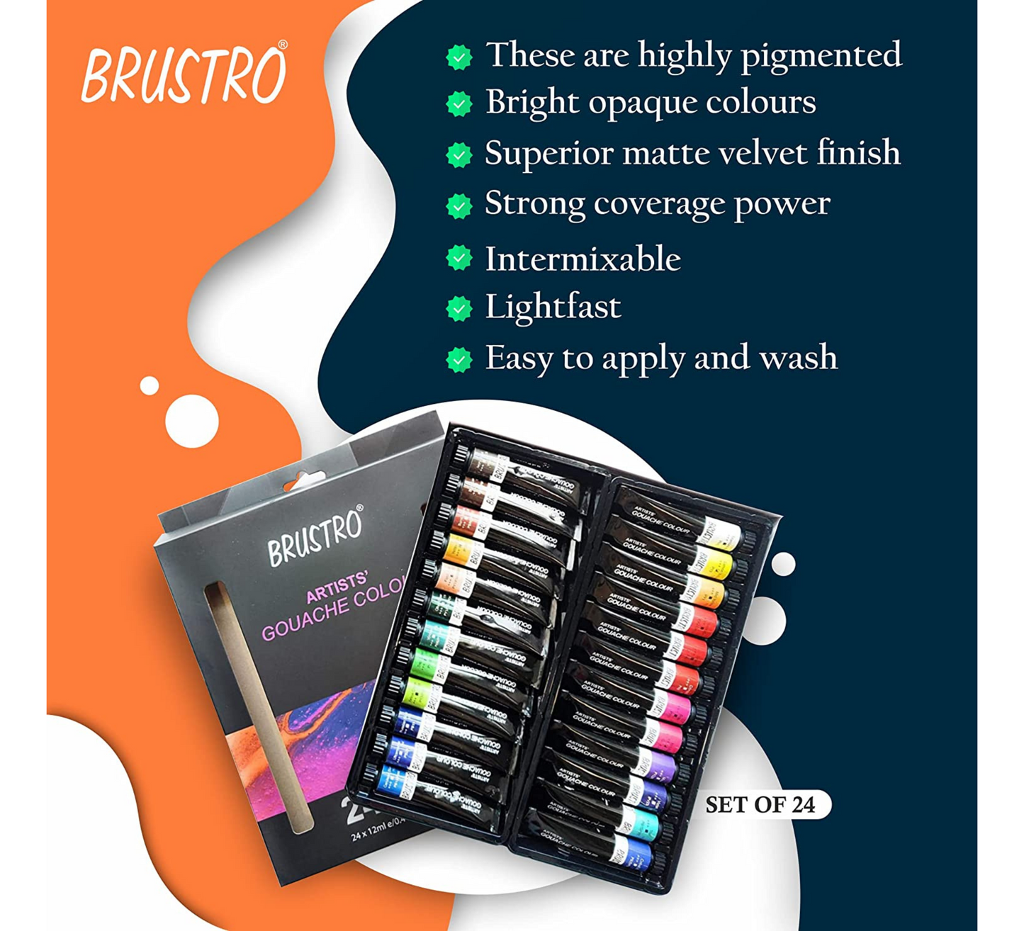 BRUSTRO Artists Gouache Colour Set of 24 Colours X 12ML Tubes with 25% Cotton Watercolour Wiro Journal Cold Pressed 200 GSM A5-25 Sheets and VelveTouch Artist Brushes set of 6