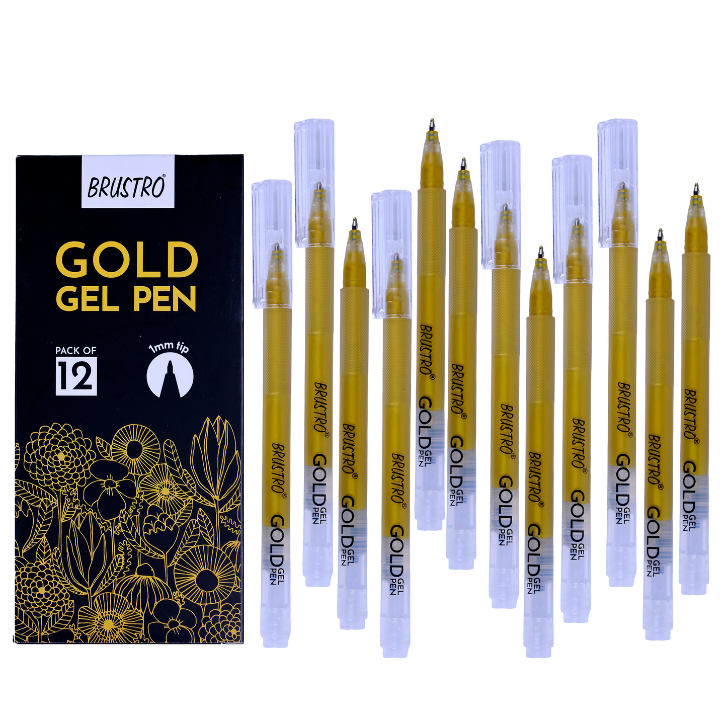 BRUSTRO Gold Gel Pen|Pack of 12 - 1mm Metal Tip,Opaque and Viscous Ink|Ideal For Drawing,Writing,Highlighting,Doodling,Scrapbooking,Mandala Art,Illustration,Fine Art Students and Professionals