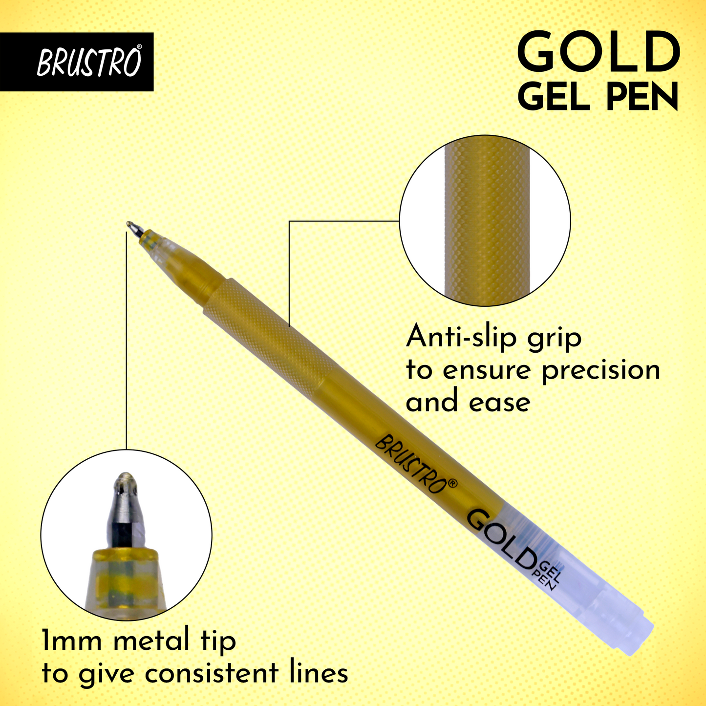 BRUSTRO Gold Gel Pen|Pack of 12 - 1mm Metal Tip,Opaque and Viscous Ink|Ideal For Drawing,Writing,Highlighting,Doodling,Scrapbooking,Mandala Art,Illustration,Fine Art Students and Professionals