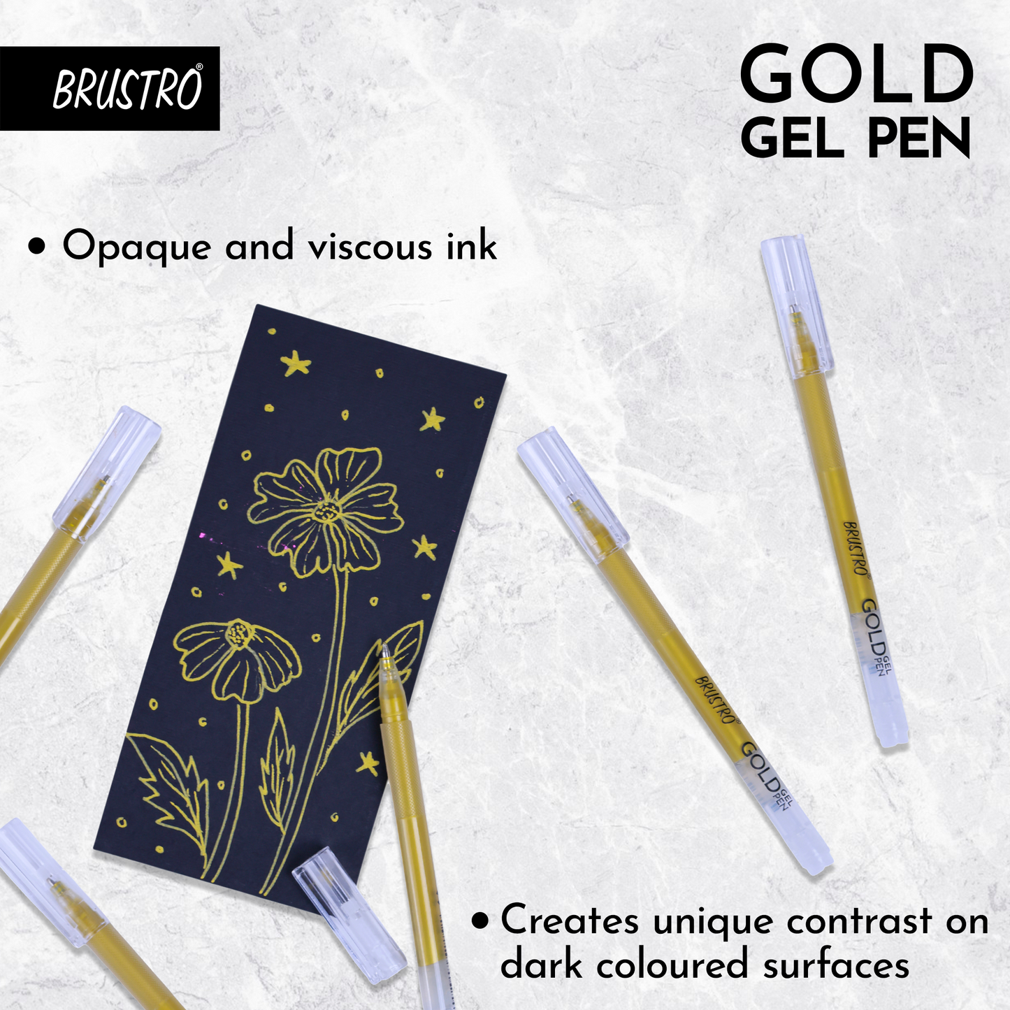BRUSTRO Gold Gel Pen|Pack of 12 - 1mm Metal Tip,Opaque and Viscous Ink|Ideal For Drawing,Writing,Highlighting,Doodling,Scrapbooking,Mandala Art,Illustration,Fine Art Students and Professionals