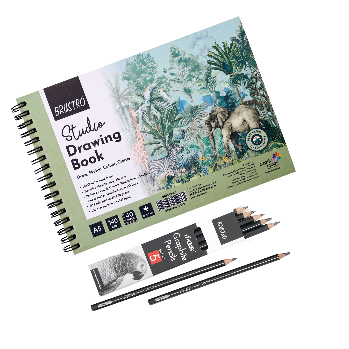 BRUSTRO Artist's Graphite Pencil Set of 5,Pre-Sharpened,Break-resistant With Studio Drawing Book,Blank 80 Pages, Wiro Bound, A5(5.8x8.3 inches), 140 GSM,Perforated Sheets|Ideal for Sketching,Writing