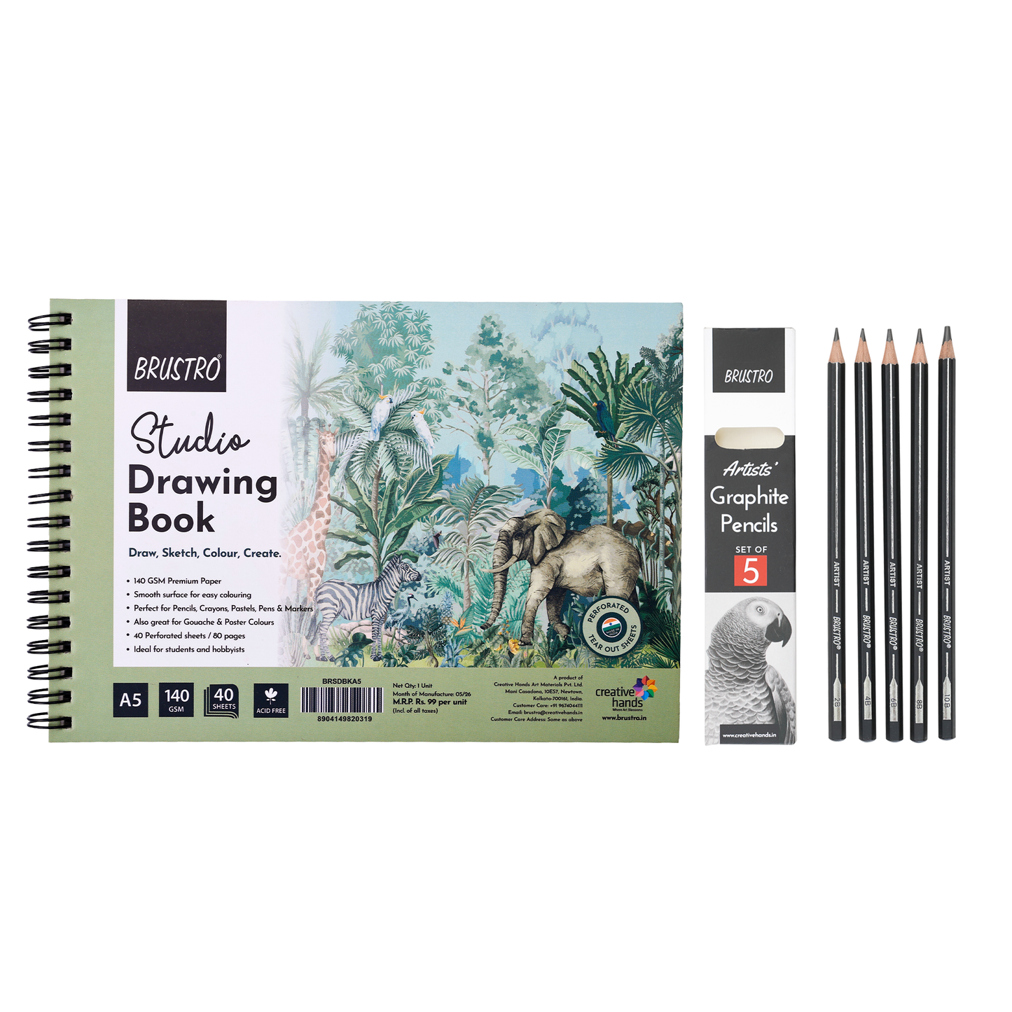 BRUSTRO Artist's Graphite Pencil Set of 5,Pre-Sharpened,Break-resistant With Studio Drawing Book,Blank 80 Pages, Wiro Bound, A5(5.8x8.3 inches), 140 GSM,Perforated Sheets|Ideal for Sketching,Writing