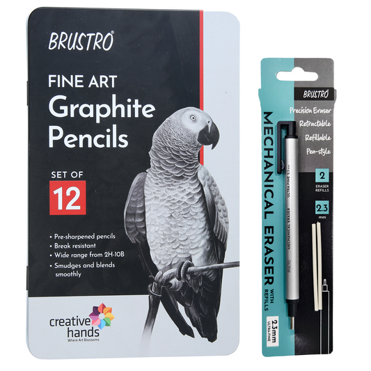 BRUSTRO Fine Art Graphite Pencil - Set of 12 (10B - 2H) with Mechanical Precision Retractable Eraser(2.3mm) | Ideal for Drawing,Sketching,Mandala,Shading,Artwork, Beginners, Artist's and Professionals