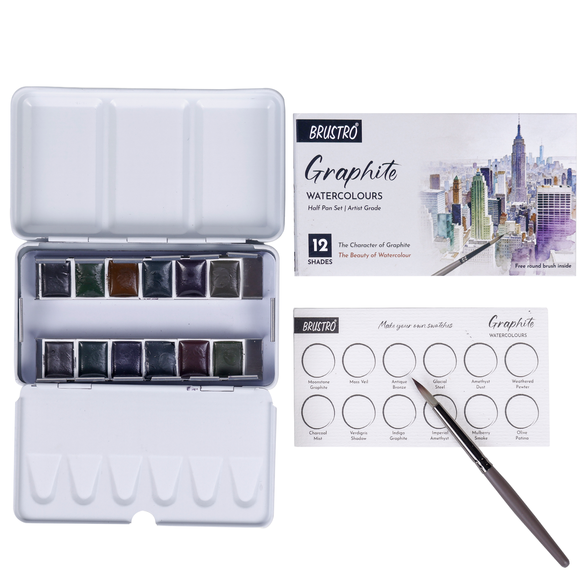 Brustro Artist Graphite Watercolours Half Pan Paint Set of 12 Shades w ...